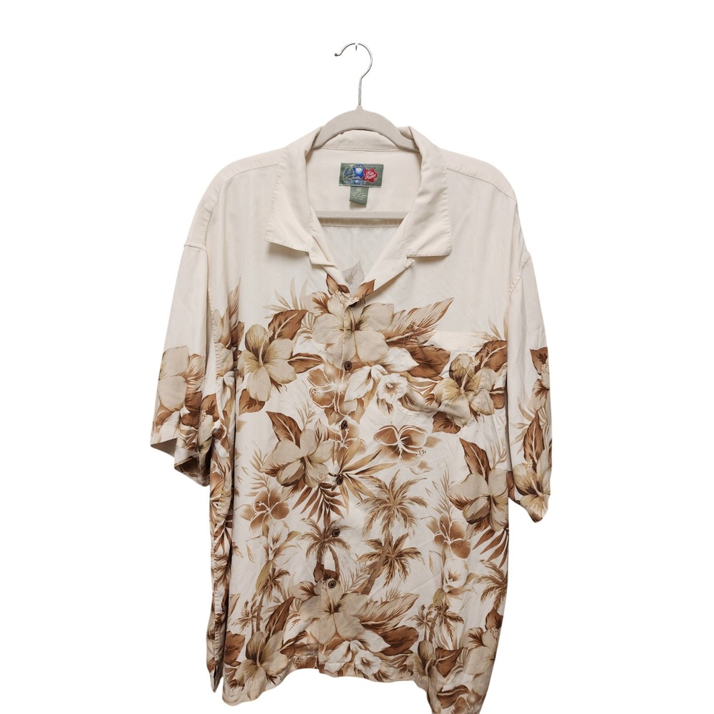 Hilo Hattie Mens 2XL Silk Hawaiian Shirt Cream Brown Floral Hibiscus Camp Aloha